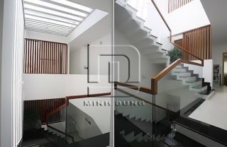 Cầu thang kính tay vịn gỗ MD0021
